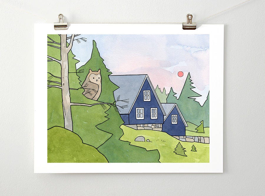 Owl and Cabin Print Woodland Bird Illustration Scandinavian Nursery Wall Art Dorm Art