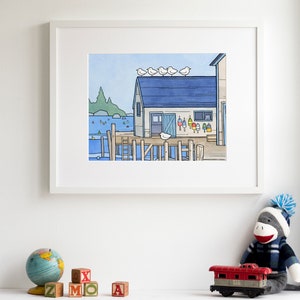 Lobster Dock Art Print Whimsical New England Seascape Print Watercolor Art Print image 3