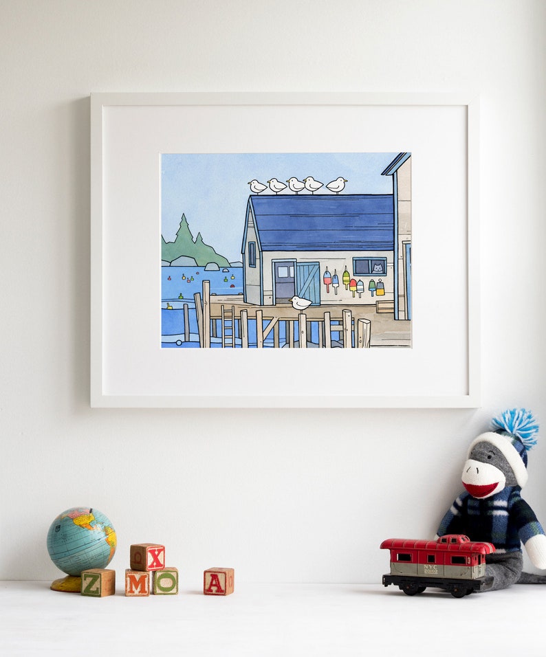 Lobster Dock Art Print Whimsical New England Seascape Print Watercolor Art Print image 3