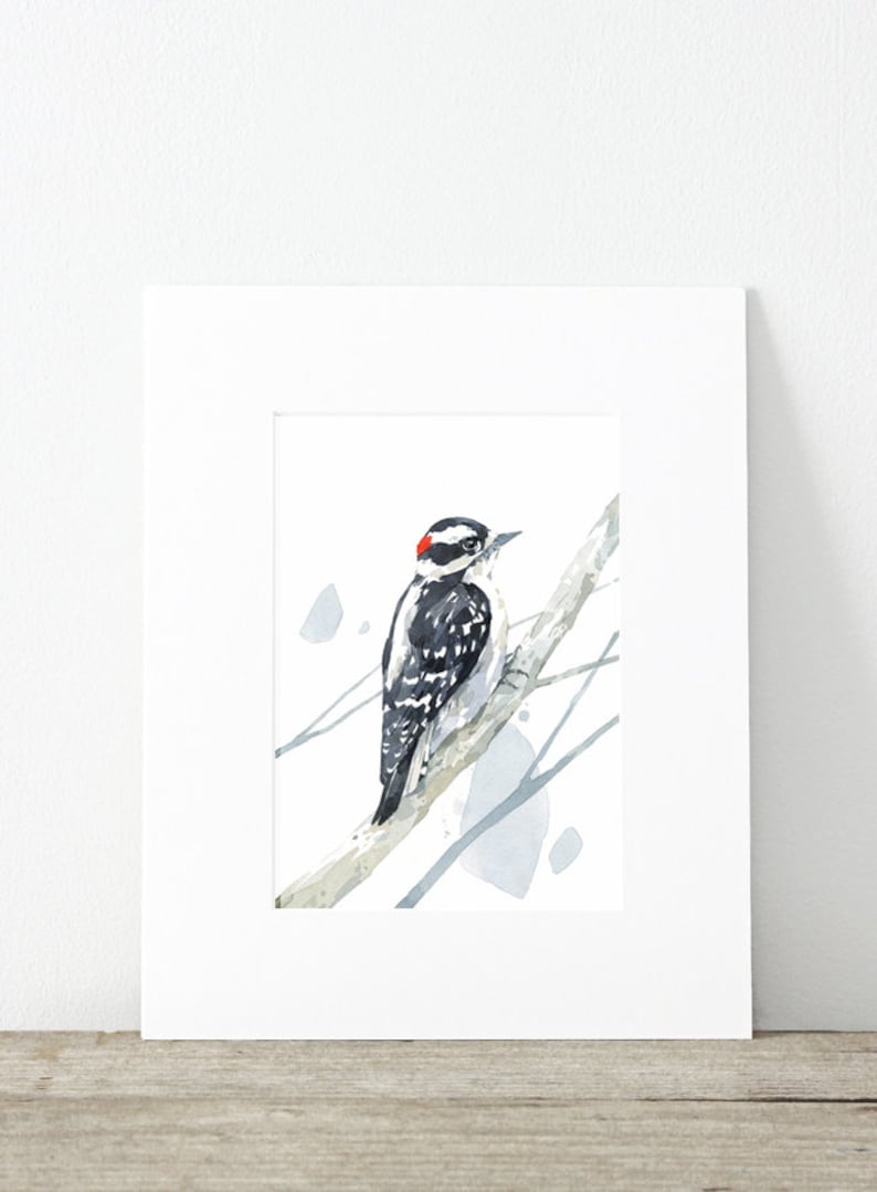 May include: Watercolor painting of a black and white woodpecker with a red crown perched on a branch. The background is a light blue watercolor wash.