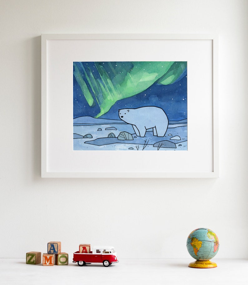 Polar Bear and Northern Lights Art Print Arctic Nursery Cute Etsy