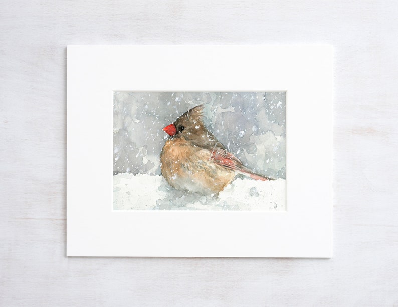 Female Cardinal Watercolor Art Print Bird In Snow Painting Backyard Birds image 1