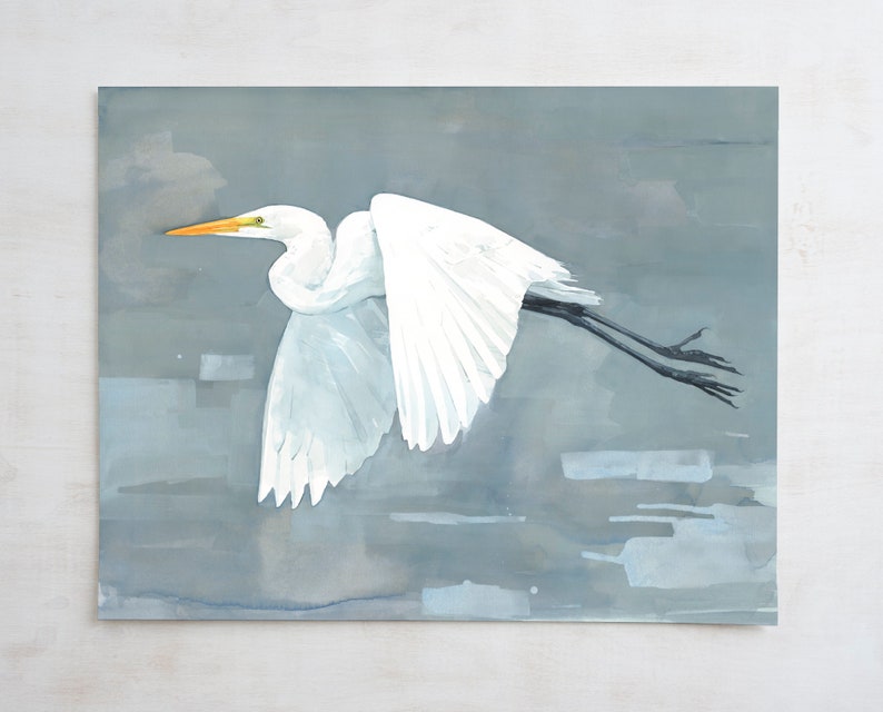 Great Egret Print Large Bird Watercolor Painting,Coastal Bird Art image 6