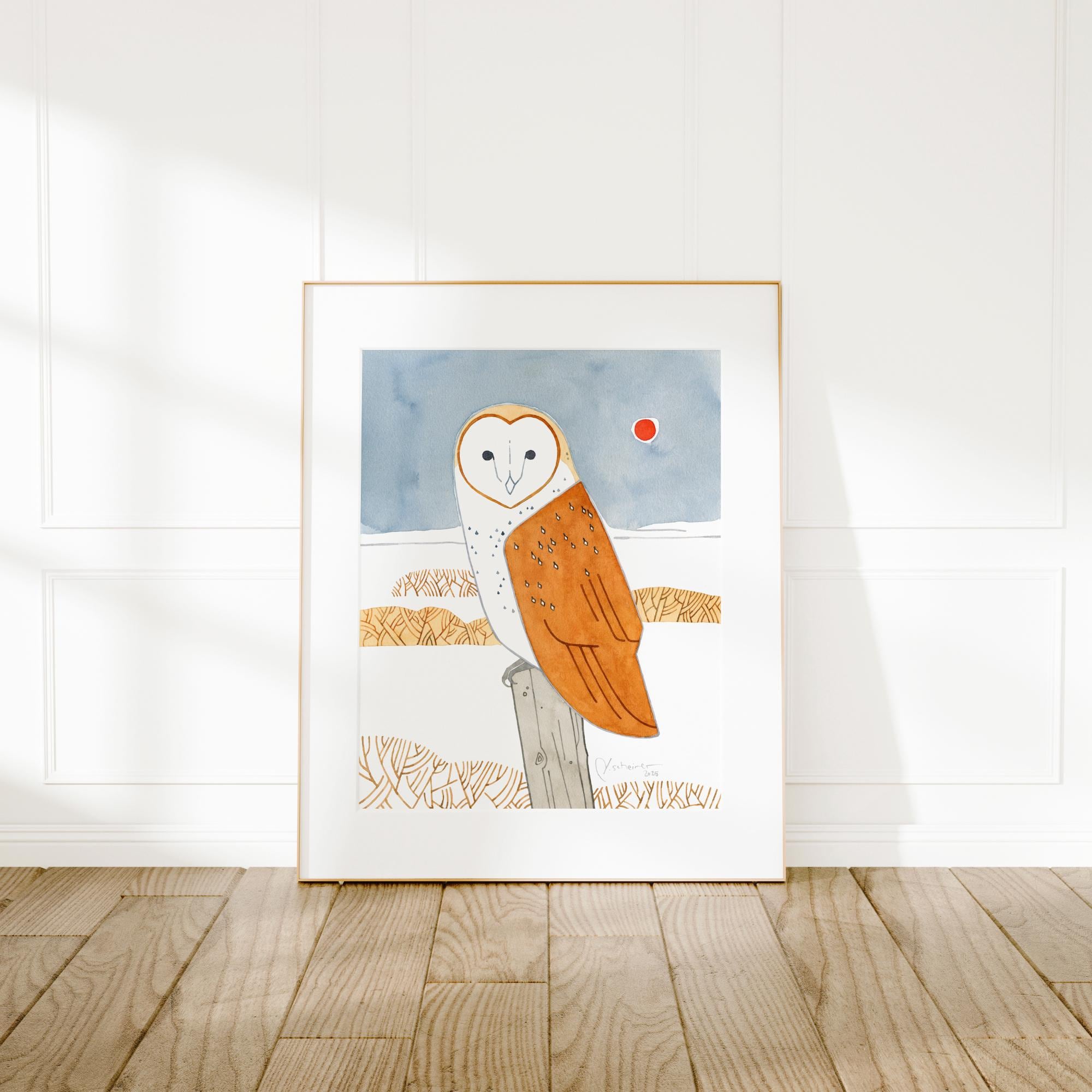 Barn Owl Folk Art Print Winter Landscape Watercolor Bird Painting