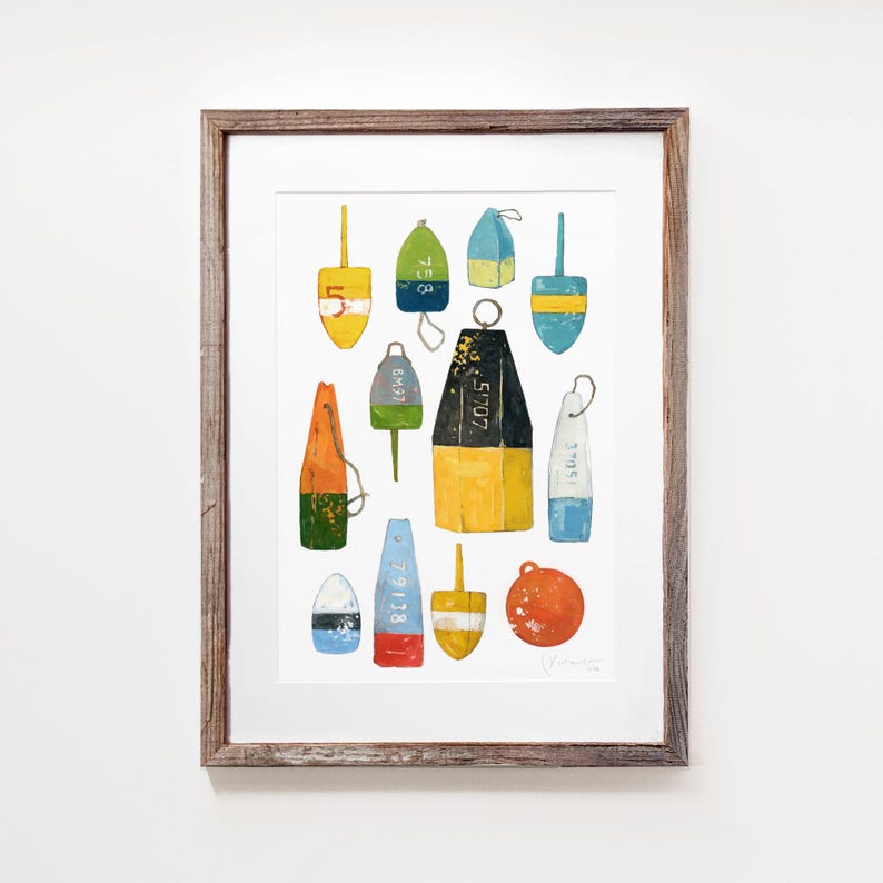 Lobster Buoys Watercolor Painting Colorful Nautical Print image 1