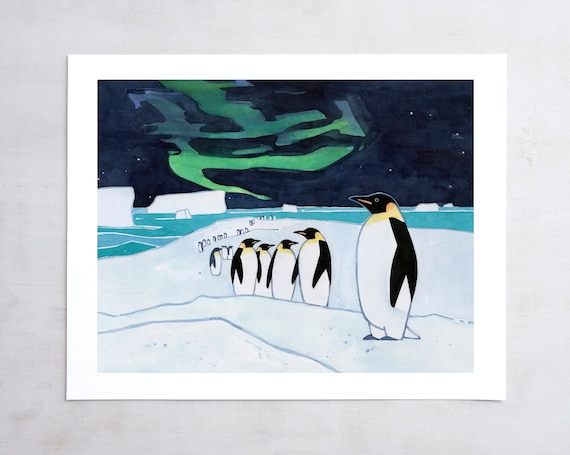 皇帝ペンギンのヒナ 油絵 皇帝ペンギン オーロラ アートプリント 南極