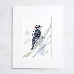 Donsachtige specht aquarel print bos schilderij vogel aquarel