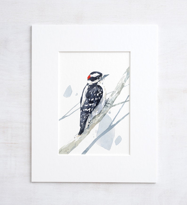 May include: Watercolor painting of a black and white woodpecker perched on a branch with a light blue background.