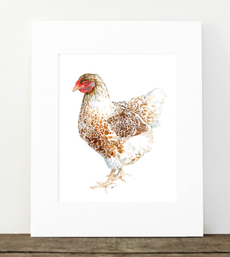 Chicken Watercolor Print White and Brown Hen Farm Animal Print image 1