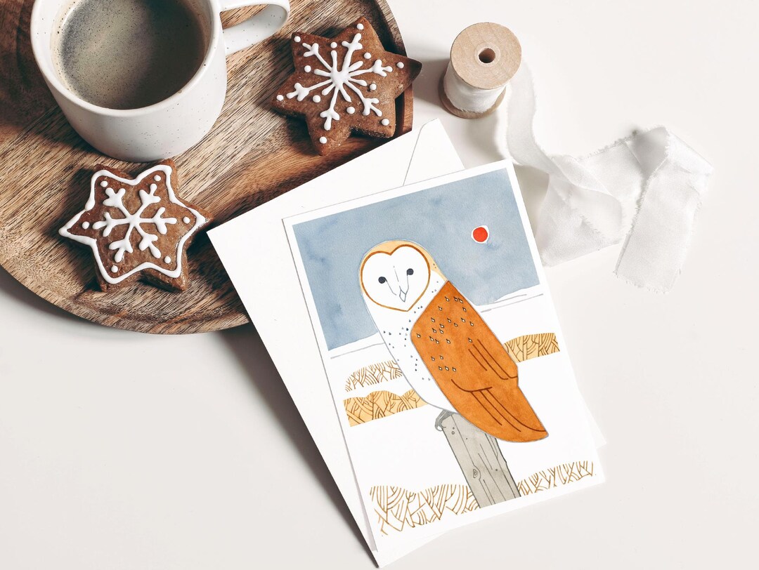 Barn Owl Winter Bird Folk Art Christmas Card - Etsy