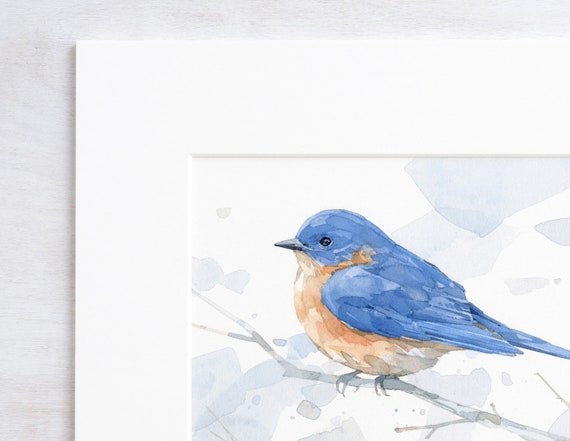 ブルーバードの水彩画プリント 森の鳥の絵 鳥の装飾 裏庭のバード