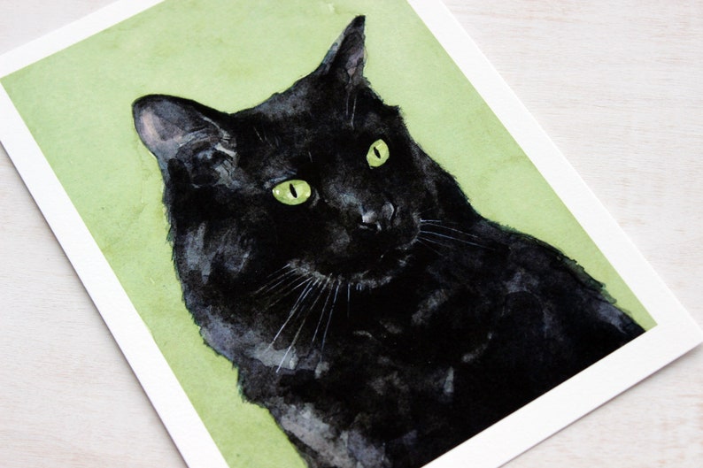 Black Cat Watercolor Painting 5x7 Print Feline Cat Lover Gift zdjęcie 3