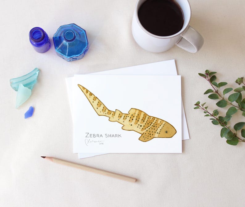 May include: A watercolor illustration of a zebra shark on a white card. The shark is tan with brown spots and stripes. The card is on a white surface with a pencil, a cup of coffee, and blue glass objects.