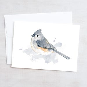 May include: Watercolour painting of a grey and white bird with a long tail, perched on a grey watercolour splatter. The bird has a grey head and a white belly.