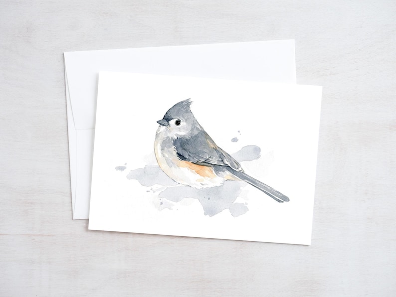 May include: Watercolour painting of a grey and white bird with a long tail, perched on a grey watercolour splatter. The bird has a grey head and a white belly.