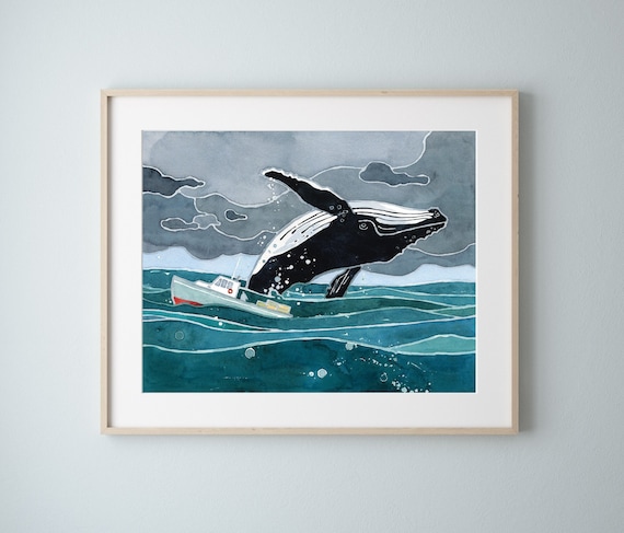 ジャンプするクジラの水彩画アートプリント：沿岸海の装飾 - Etsy 日本