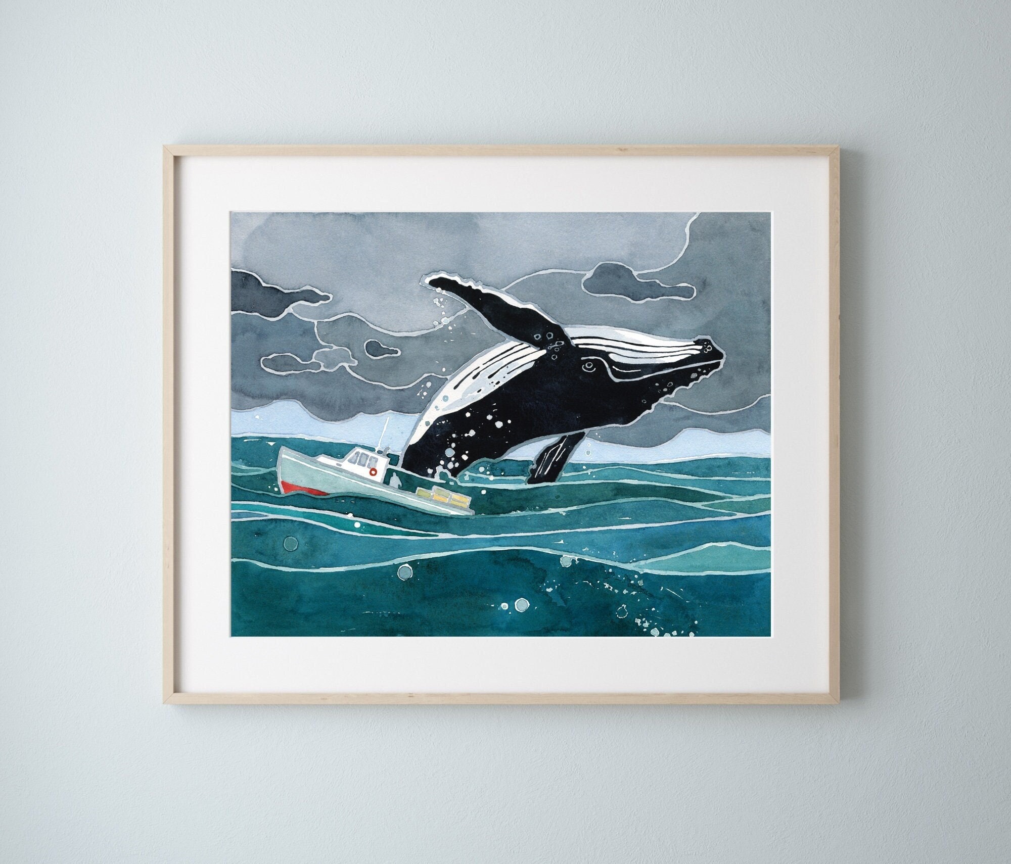 ジャンプするクジラの水彩画アートプリント：沿岸海の装飾 - Etsy 日本