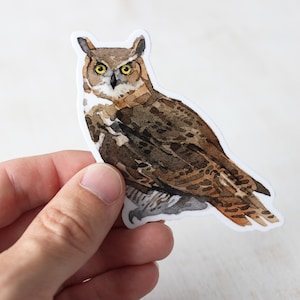 Puede incluir: Una ilustraci&oacute;n de acuarela de un b&uacute;ho marr&oacute;n y gris con ojos amarillos. El b&uacute;ho est&aacute; posado en una rama con las alas extendidas.