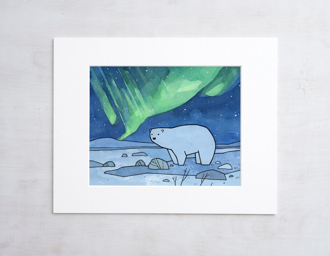 Polar Bear and Northern Lights Art Print Arctic Nursery Cute Animal