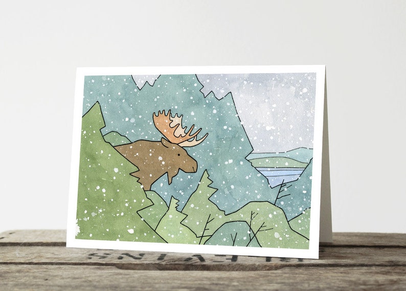 Moose Christmas Card Set Winter Nature Holiday Stationery Blank Notecard image 2