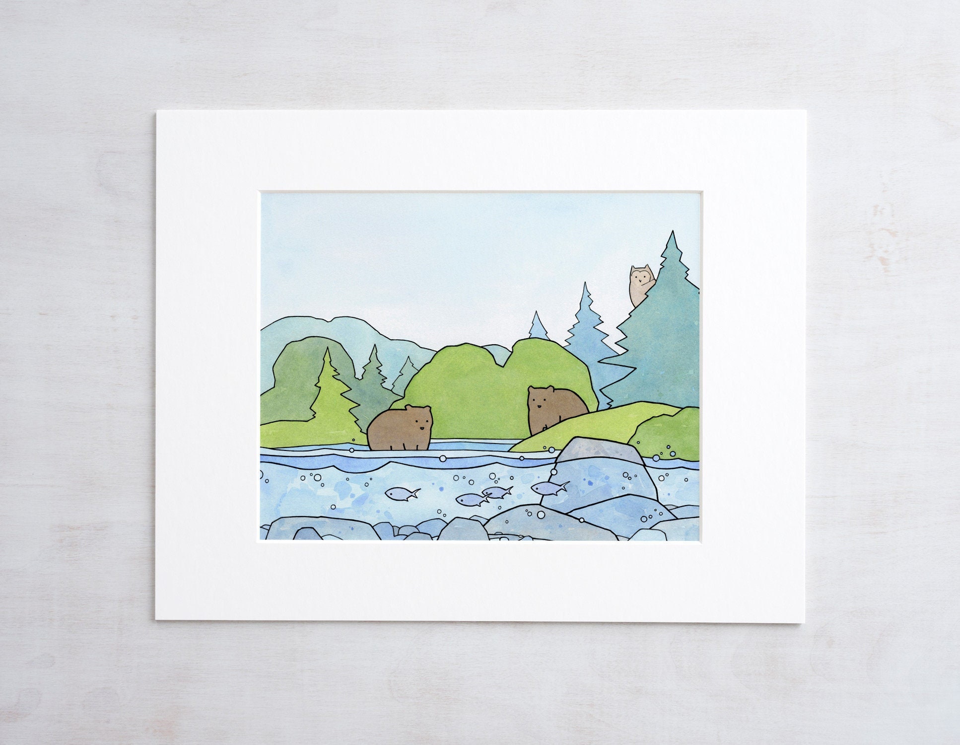 Bears and Owl Illustration Woodland Animals Nursery Art Print