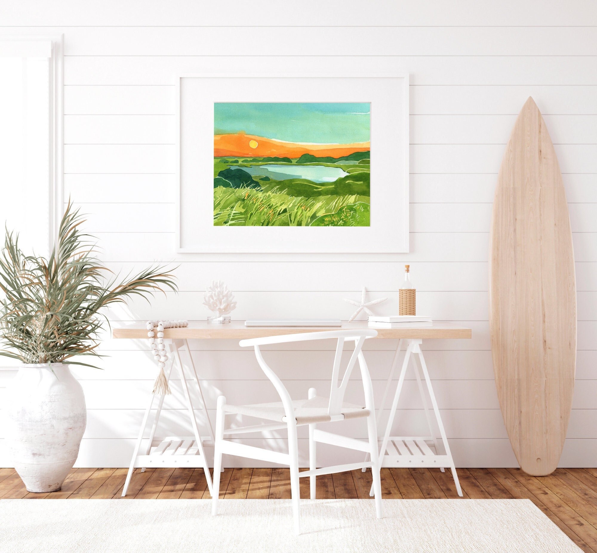 Coastal Sunset Landscape Print Salt Marsh Watercolor Painting
