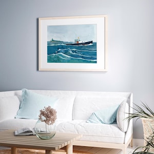 May include: A framed watercolor painting of a blue and white boat sailing on a choppy blue sea with a small island in the background.