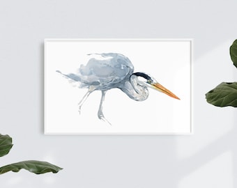 Great Blue Heron Watercolor Print 11x17 Coastal Bird Wall Art