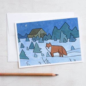 Carte Noël Renard roux Arbre Noël Ferme Illustration