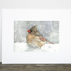 Female Cardinal Watercolor Art Print Bird In Snow Painting Backyard Birds image 2