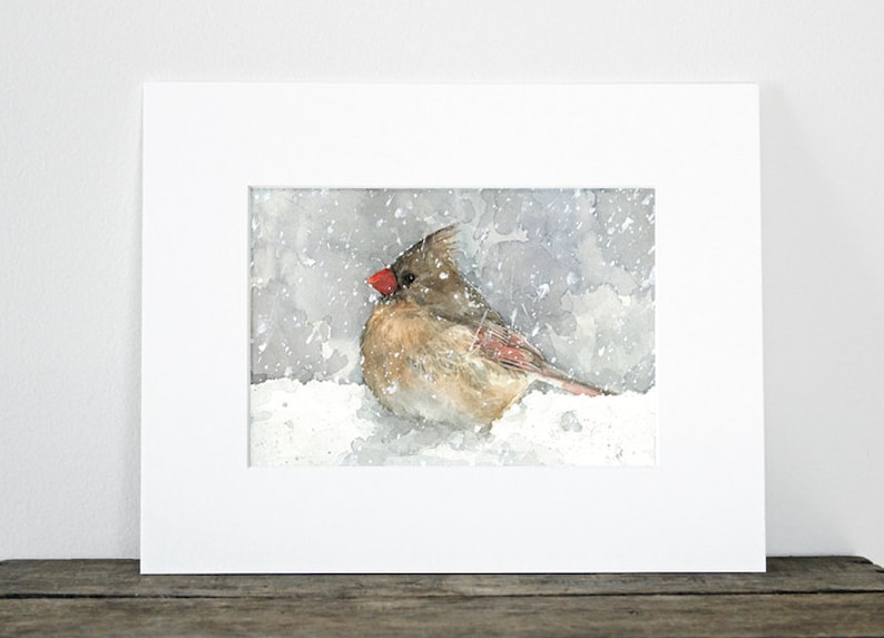 Female Cardinal Watercolor Art Print Bird In Snow Painting Backyard Birds image 2