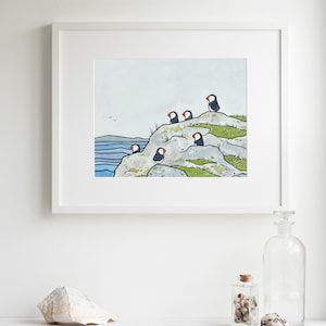 Puffins and Sea Thrift Print Coastal Bird Art Animal Wall Decor image 2