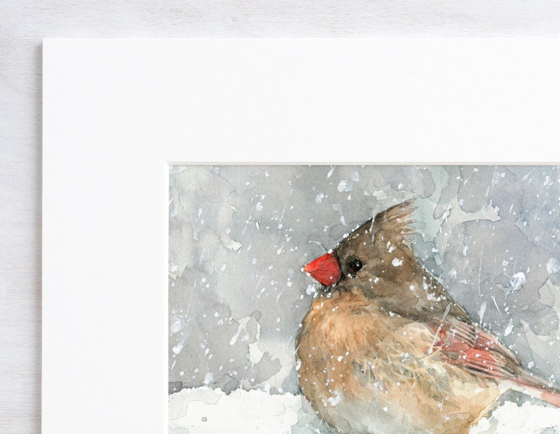 Female Cardinal Watercolor Art Print Bird In Snow Painting Backyard Birds image 4