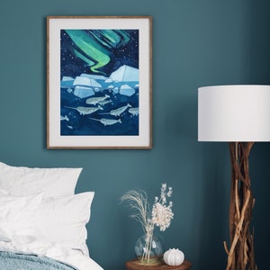 Narwhals Northern Lights Art Print Aurora Borealis Watercolor Art image 2