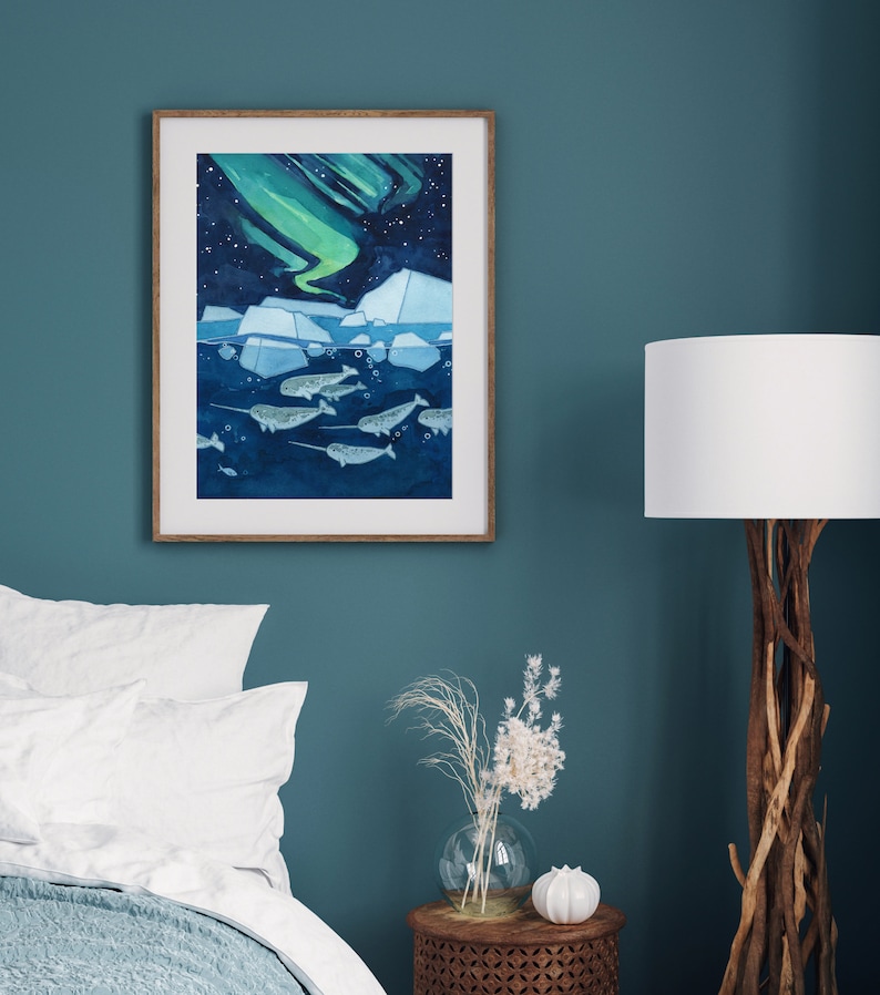 Narwhals Northern Lights Art Print Aurora Borealis Watercolor Art image 2