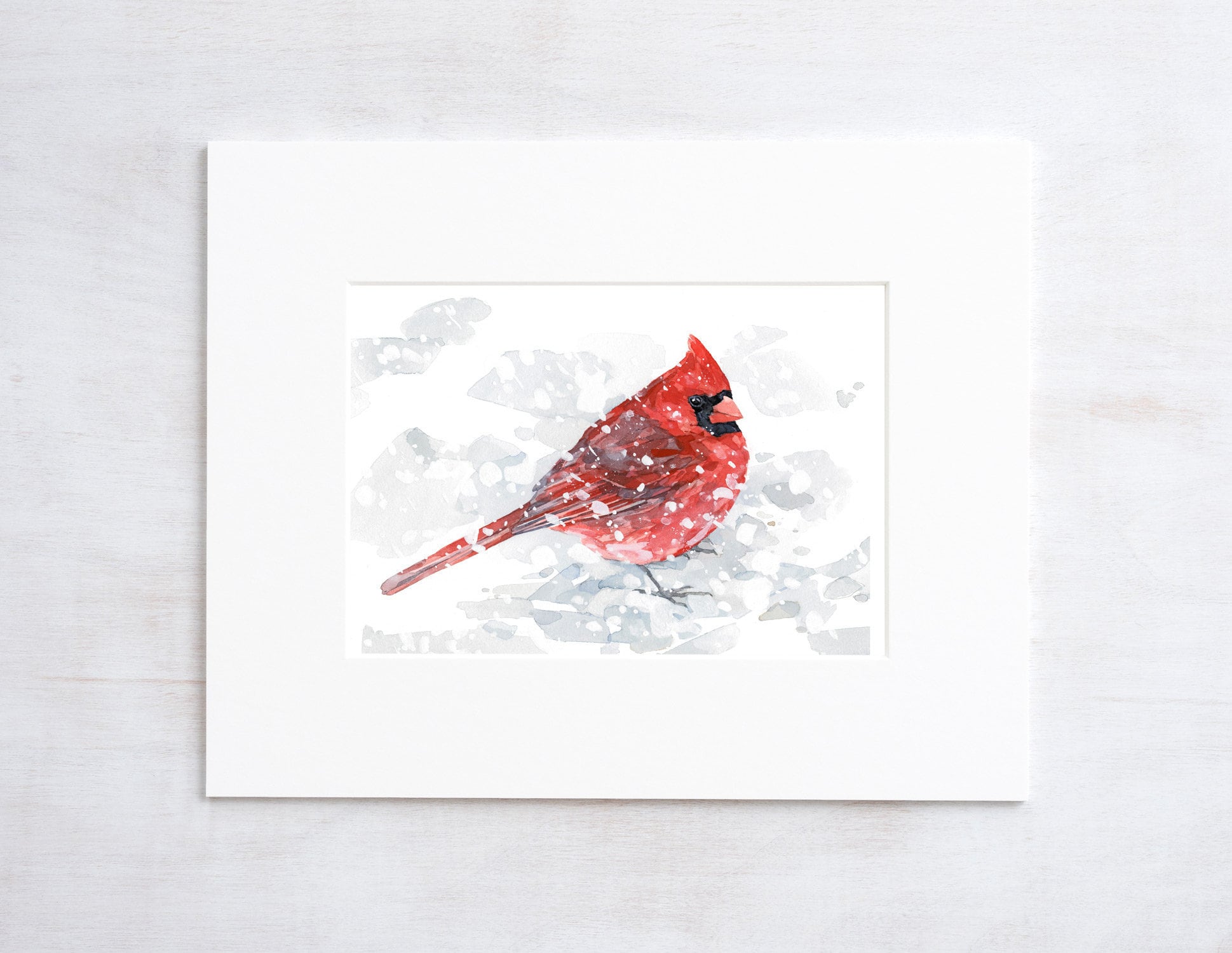 Red Cardinal in Snow Watercolor Painting 5x7 Bird Art Print
