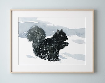 Black Squirrel Print Winter Snow Animal Watercolor Painting