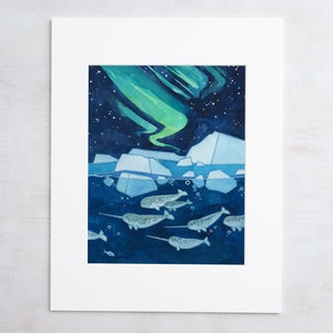 Narwhals Northern Lights Art Print Aurora Borealis Watercolor Art 8x10 (11x14 mat) inches