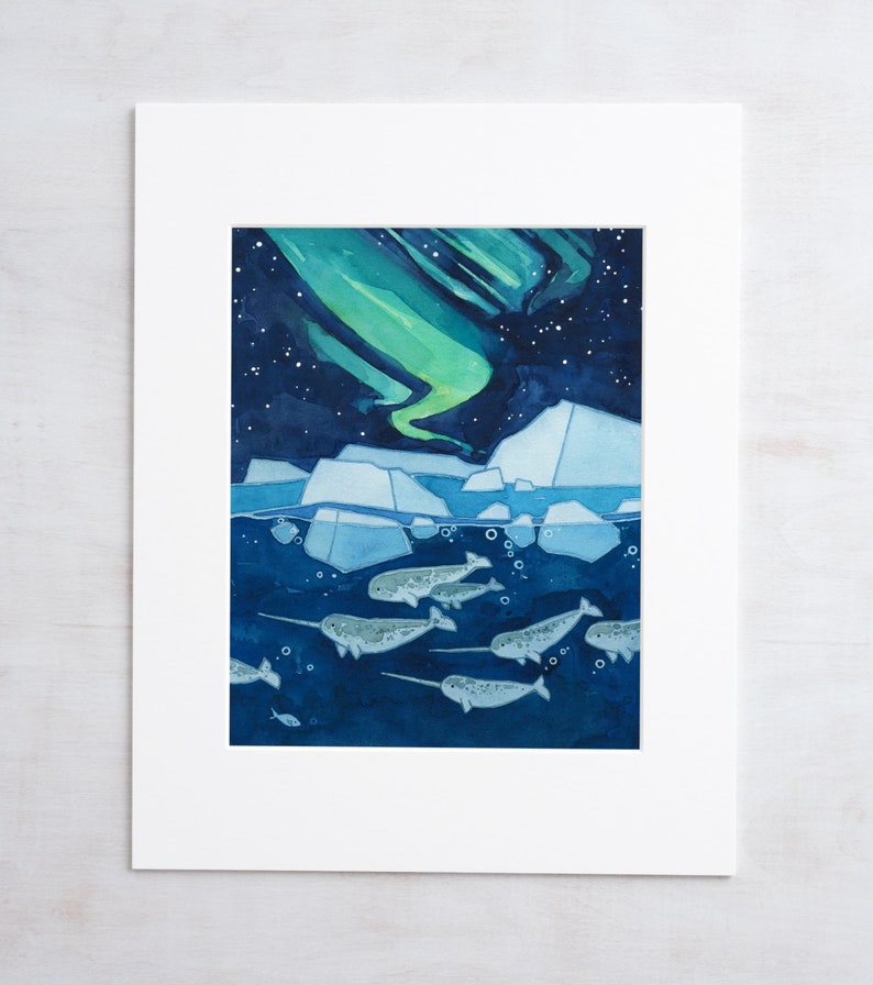 Narwhals Northern Lights Art Print Aurora Borealis Watercolor Art 8x10 (11x14 mat) inches