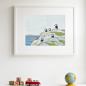 Puffins and Sea Thrift Print Coastal Bird Art Animal Wall Decor image 3