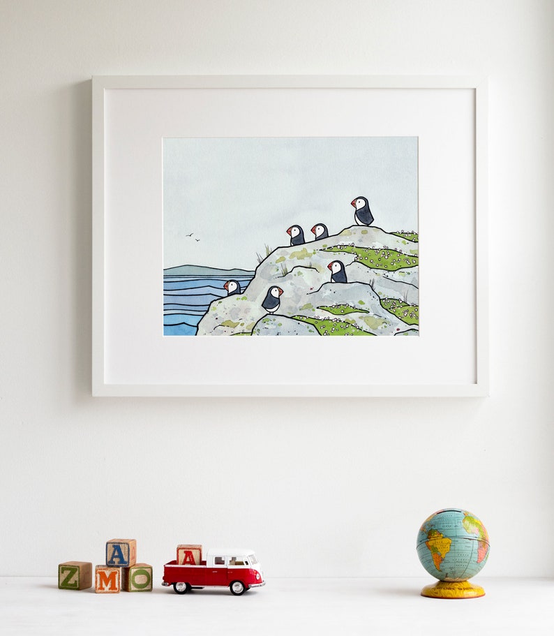 Puffins and Sea Thrift Print Coastal Bird Art Animal Wall Decor image 3