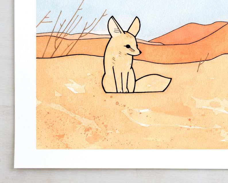 May include: A hand-drawn illustration of a fennec fox sitting in a desert landscape. The fox is light brown with large ears and a bushy tail. The background is a watercolour wash of orange and yellow, representing sand dunes.