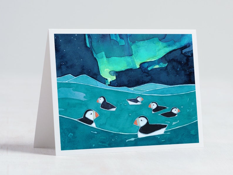 Puffins and Northern Lights Card Illustrated Animal Holiday Card image 1