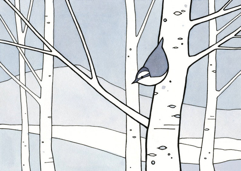 Nuthatch and Aspens Winter Illustration Print Kids Wall Art image 2