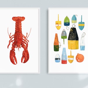 May include: Two framed prints, one with a red lobster and the other with a collection of colorful nautical buoys with numbers on them.