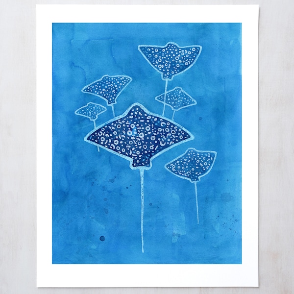 Spotted Eagle Rays Art Print Whimsical Ocean Animal Painting, Under the Sea Decor