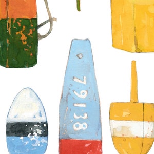 May include: A collection of five colorful wooden buoys with various shapes and sizes. The buoys are painted in shades of orange, green, yellow, blue, red, and white. One buoy has the number "79138" painted on it.
