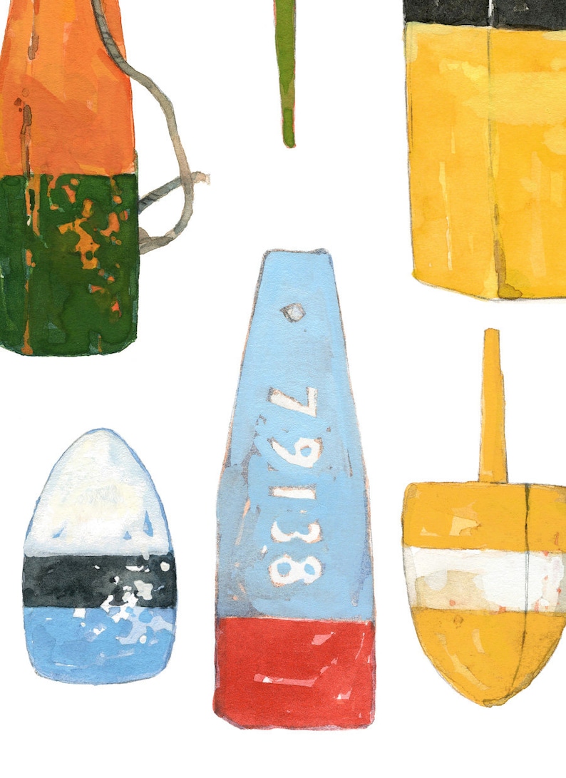May include: A collection of five colorful wooden buoys with various shapes and sizes. The buoys are painted in shades of orange, green, yellow, blue, red, and white. One buoy has the number "79138" painted on it.