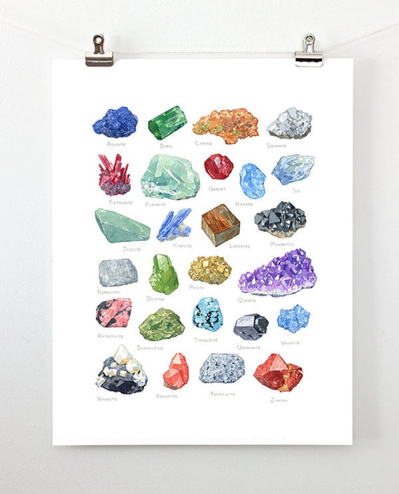 Minerals Watercolor Alphabet Art Print Gemstone Painting Crystal