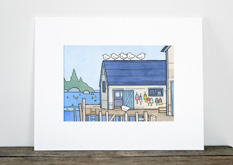 Lobster Dock Art Print Whimsical New England Seascape Print Watercolor Art Print image 4